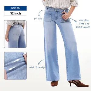 Magic Mid Rise Baggy Jeans Stretchy Wide Leg for Women Distressed Pants Womenswear Bottom Lady Basic Minimalist Comfortable Denim Tummy Control Curve Hugging Plus Size Regular Size BBL