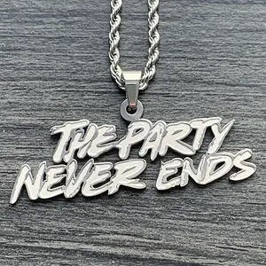WRLD The Party Never Ends Necklace 1.5" Mirror Polished Etched Juice Pendant in Solid 316L Surgical Stainless Steel TPNE with Choice of Chain Free Gift Included