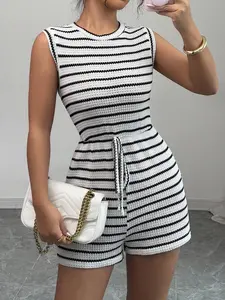 Women's Drawstring-Waist Waffle Romper, Crew Neck Sleeveless Back-Zip Striped Fitted Playsuit, Casual Jumpsuits, Ideal for Casual Outings/Weekend Hangouts/Everyday Wear
