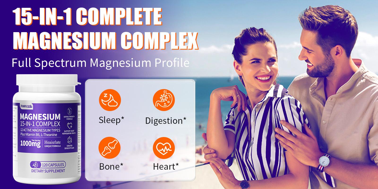 [Magnesium Glycinate Supplement] 120 capsules, 15-in-1 magnesium complex, contains citrate, oxalate, carbonate, glycinate, magnesium oxide, easily absorbed.Supports bone, mood, heart, and sleep health, promotes relaxation, gluten-free, 120 capsules