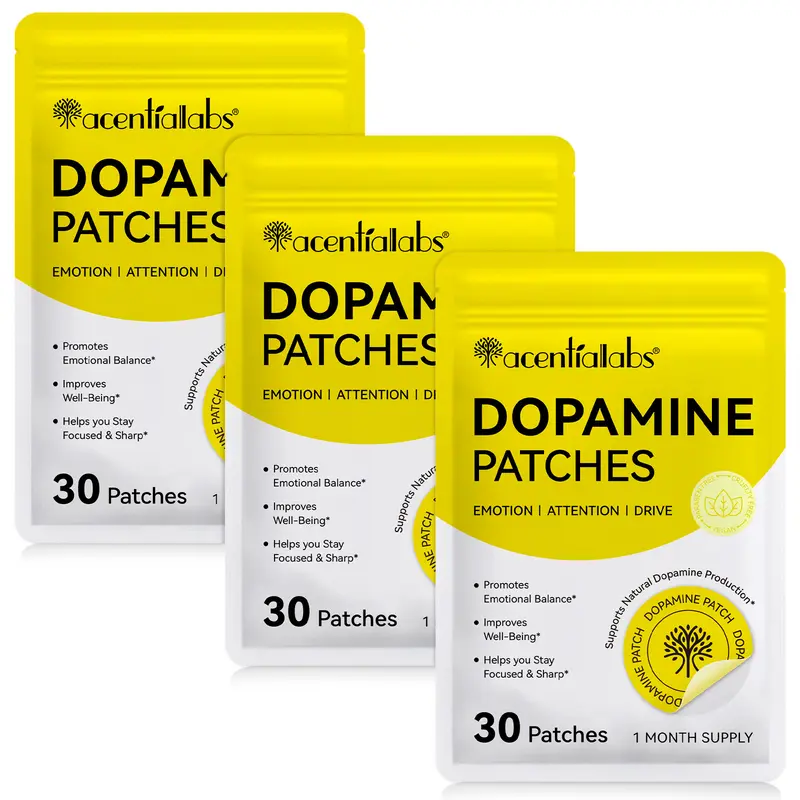 Acentiallabs Gentle Dopamine Skin Patch Refill Pack, 90-Count (3 Bags x 30 Patches), Plant-Based Vegan Cruelty-Free, Easy Application for Daily Normal Mood Boost