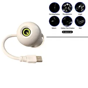 LED galaxy projector featuring multiple interchangeable projection slides built-in, adjustable brightness, 360° rotating design, and a USB power port; suitable for car decoration and bedroom decor, safe for adults and children.