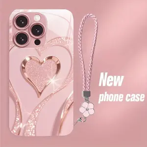 Shiny Double Heart Tempered Glass Phone Case with Clover Strap for iPhone 16 15 14 13 12 11 Series Waterproof Elegant TPU No Warranty Creative Couple Gift Durable Cute Unique Popular Women Present