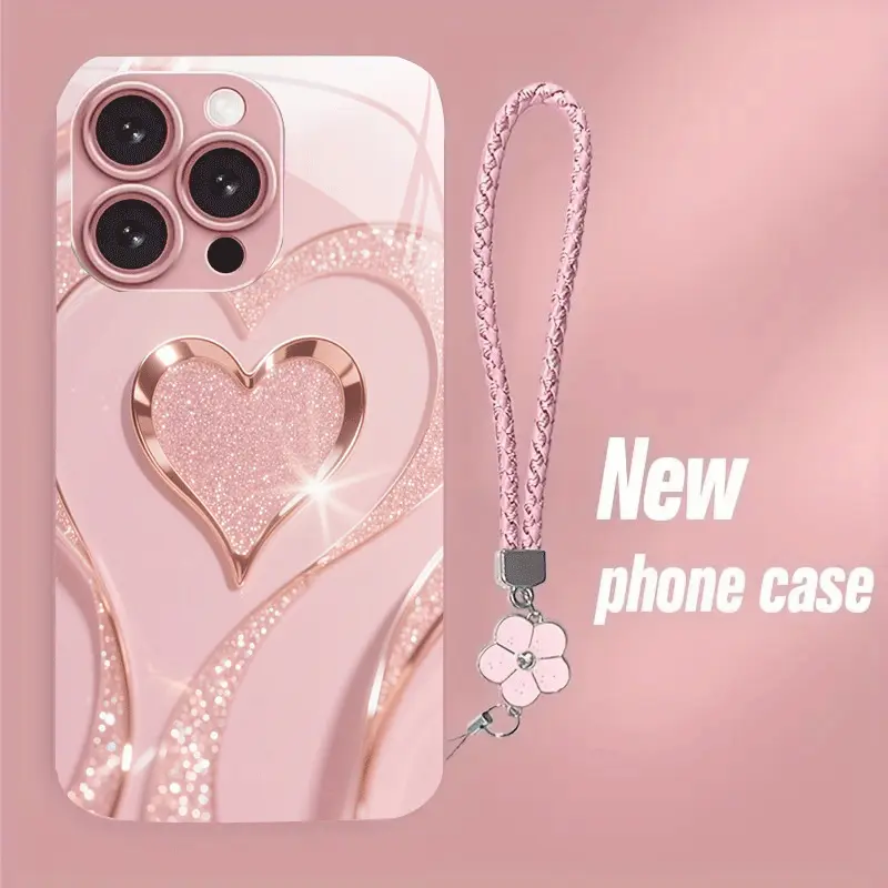 Shiny Double Heart Tempered Glass Smartphone Case - Soft Shockproof TPU Cover with Clover Strap, Waterproof Durable Handheld Tech Accessory for iPhone 11-16 Series, Elegant Couple Gift for Women, Phone Protection Accessory, Accessories