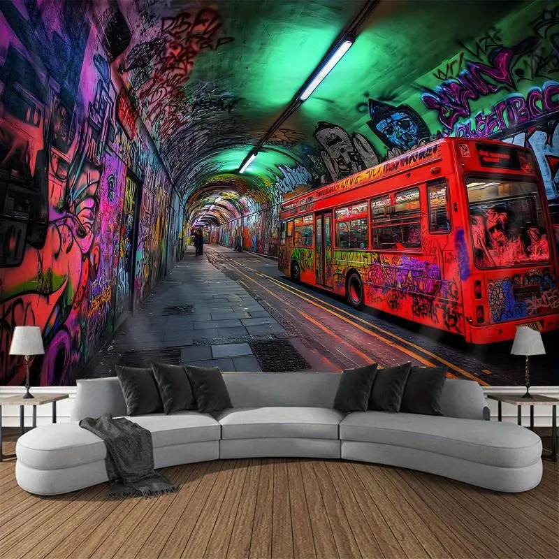 1Pc Urban Graffiti Tunnel Tapestry - Vibrant Polyester Velvet Wall Decor, Horizontal Wrinkle-Resistant Indoor/Outdoor Wall Hanging, No-Power Decoration for Living Room, Party Events