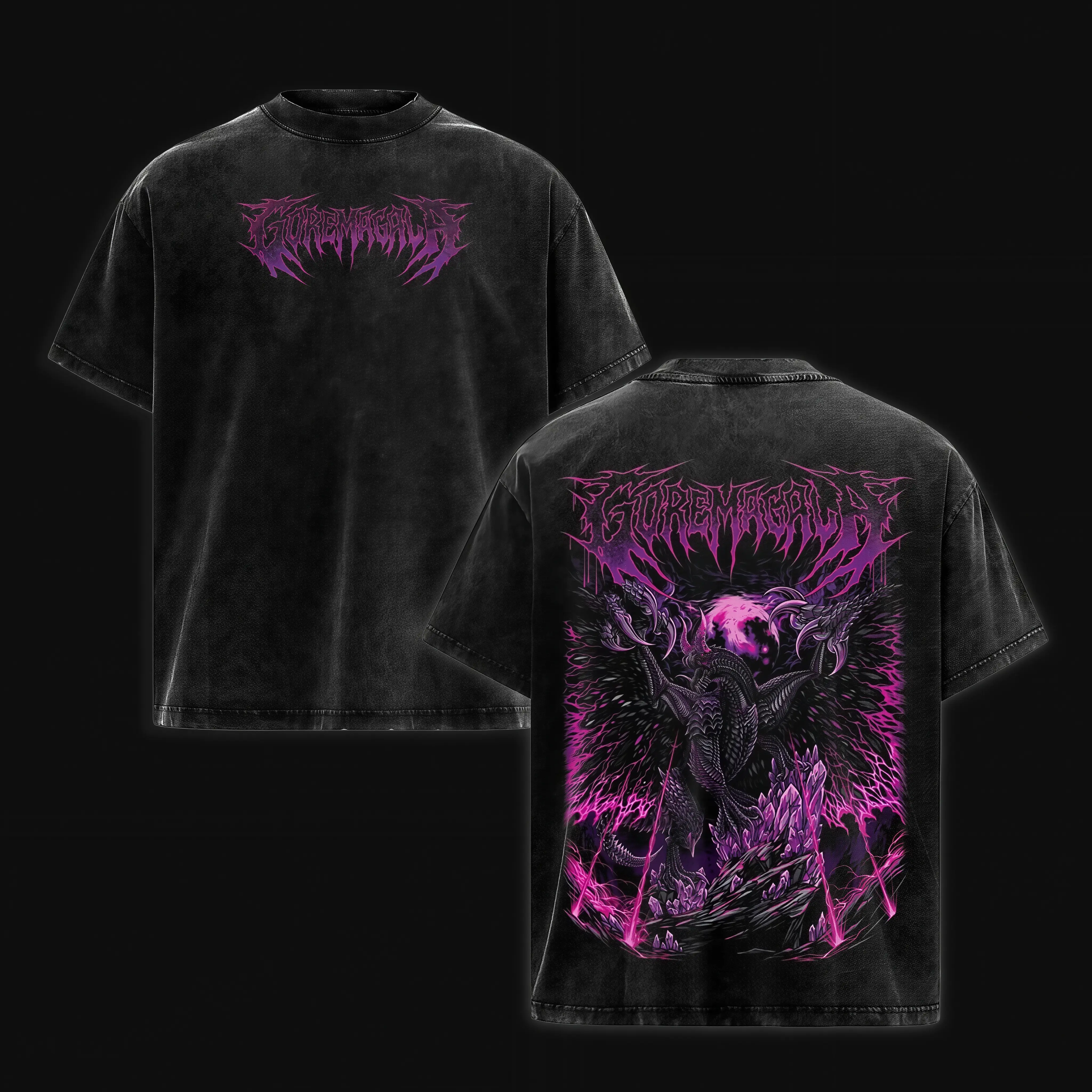 Men's Loose Oversized Casual Cotton Tee, Monster Hunter Gore Magala Neon Graphic, Vintage Washed Purple, Grunge Streetwear Menswear Tops, Short-Sleeve, Foldable