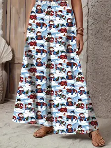 Autumn Winter Trendy Cute Snowman Print Christmas Women's Plus Size Pants, Casual Loose-Fitting Long Trousers, Fashionable Ladies' Clothing