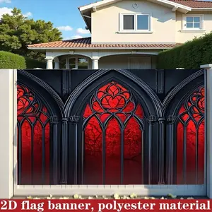 2D Flat 1PC Polyester Banner, Dark Gothic Stained Glass Theme Design, Featuring Black Gothic Pointed Arch Window & Blood Red Rose Pattern Elements, Dark Retro Style, Indoor and Outdoor Use, Ideal for Halloween Parties, Gothic Themed Events,