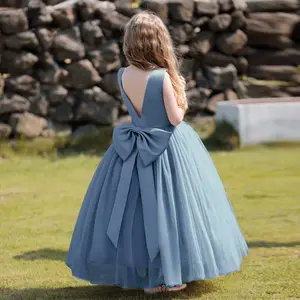 Flower Girls Sleeveless Dress for Wedding Puffy Tulle Back V-Neck Pageant Prom Ball Gown with Bow Tween Communion Gown Formal Dresses