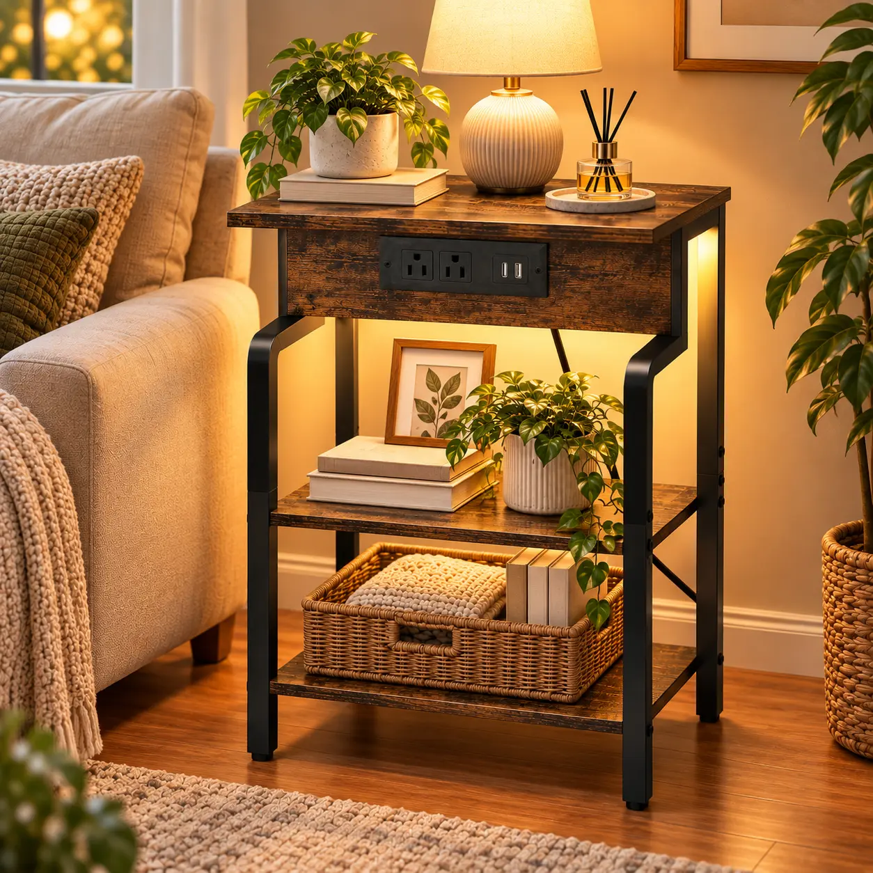 3-Tier Freestanding Floor Table with LED Lights & Charging Station, Rustic Brown Side End Table with 2 AC Outlets & USB Ports, Multi-use Nightstand for Living Room Bedroom, 23" Tall Wood Metal Frame