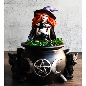 Wiccan Grand Witch Black Cat By LED Potion Bubbles Triple Moon Cauldron Figurine