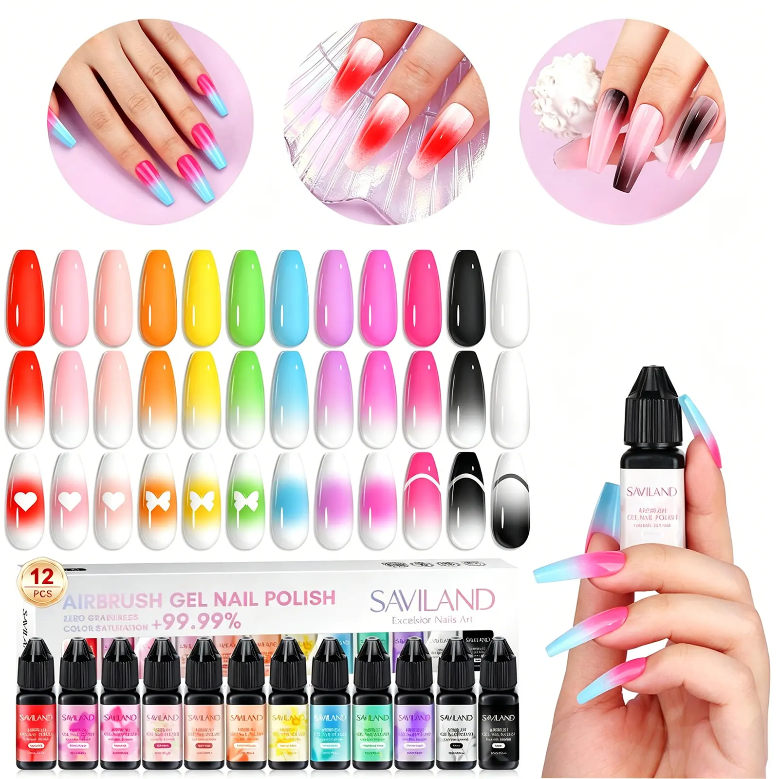 SAVILAND Airbrush Gel Nail Polish: Create Gradient Blush High Color Saturation Patterns Perfect Home Salon Cuticle Care Festival Gift summervibes