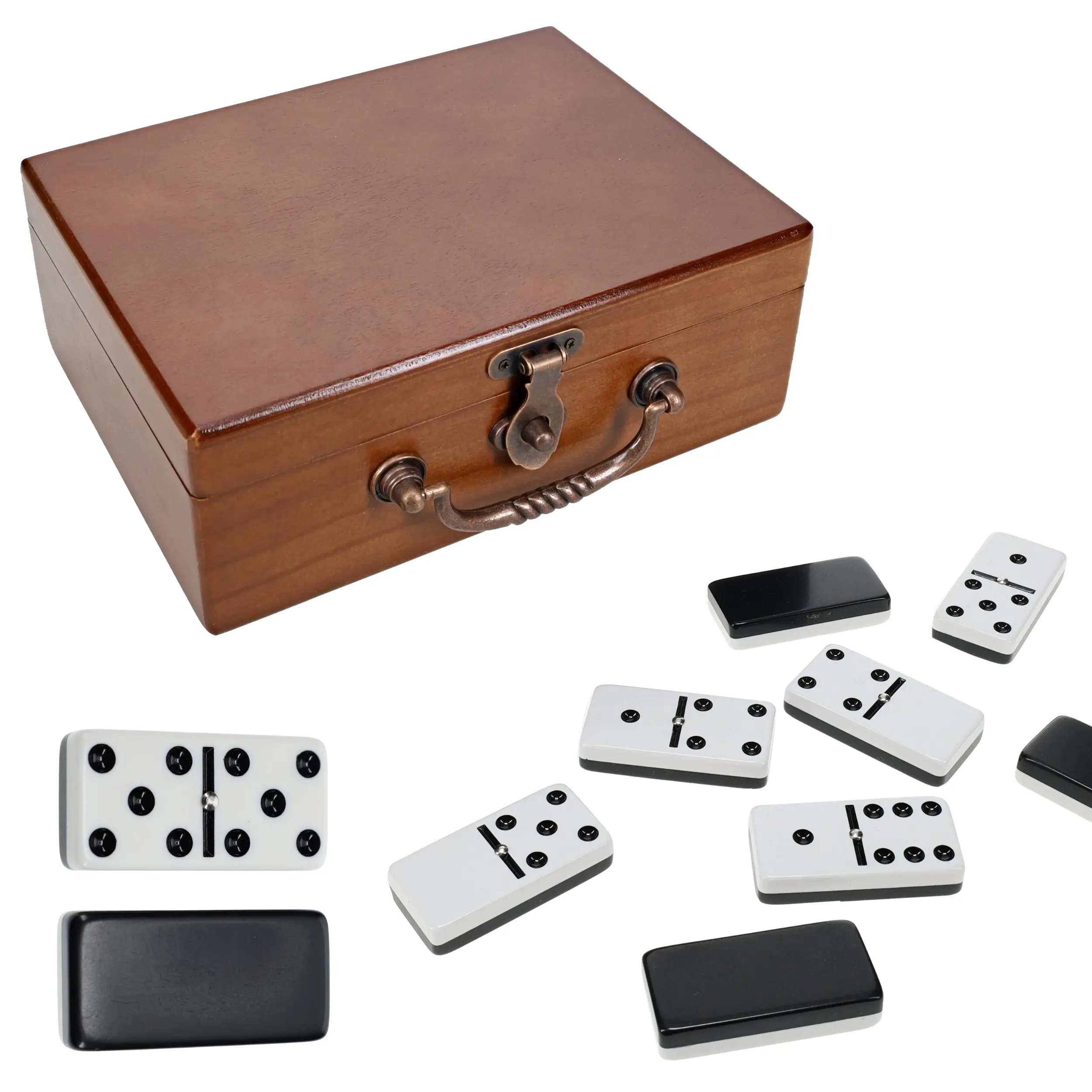 WE Games Double 6 Dominoes, Black & White Two-Toned with Spinners in Wooden Treasure Box