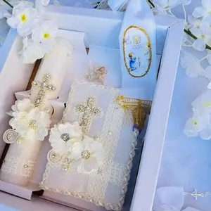 Ivory 4pcs First Communion Candle Set with Decorative Elements and  Ivory Candle in Box