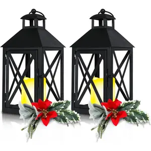 Taman Candle Lantern with Led Flameless Candle (6hr Timer),2-Pack 14" Decorative Metal Vintage Light Battery Operated Umbrella Lights for Christmas Patio Garden, Table,Party Decor