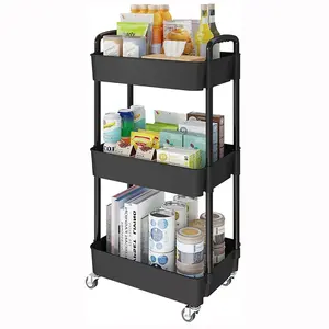 3-Tier Storage Cart, Multi-Functional Rolling Kitchen Organizer, Lockable Wheels, Suitable for Bathroom, Laundry Room, Living Room