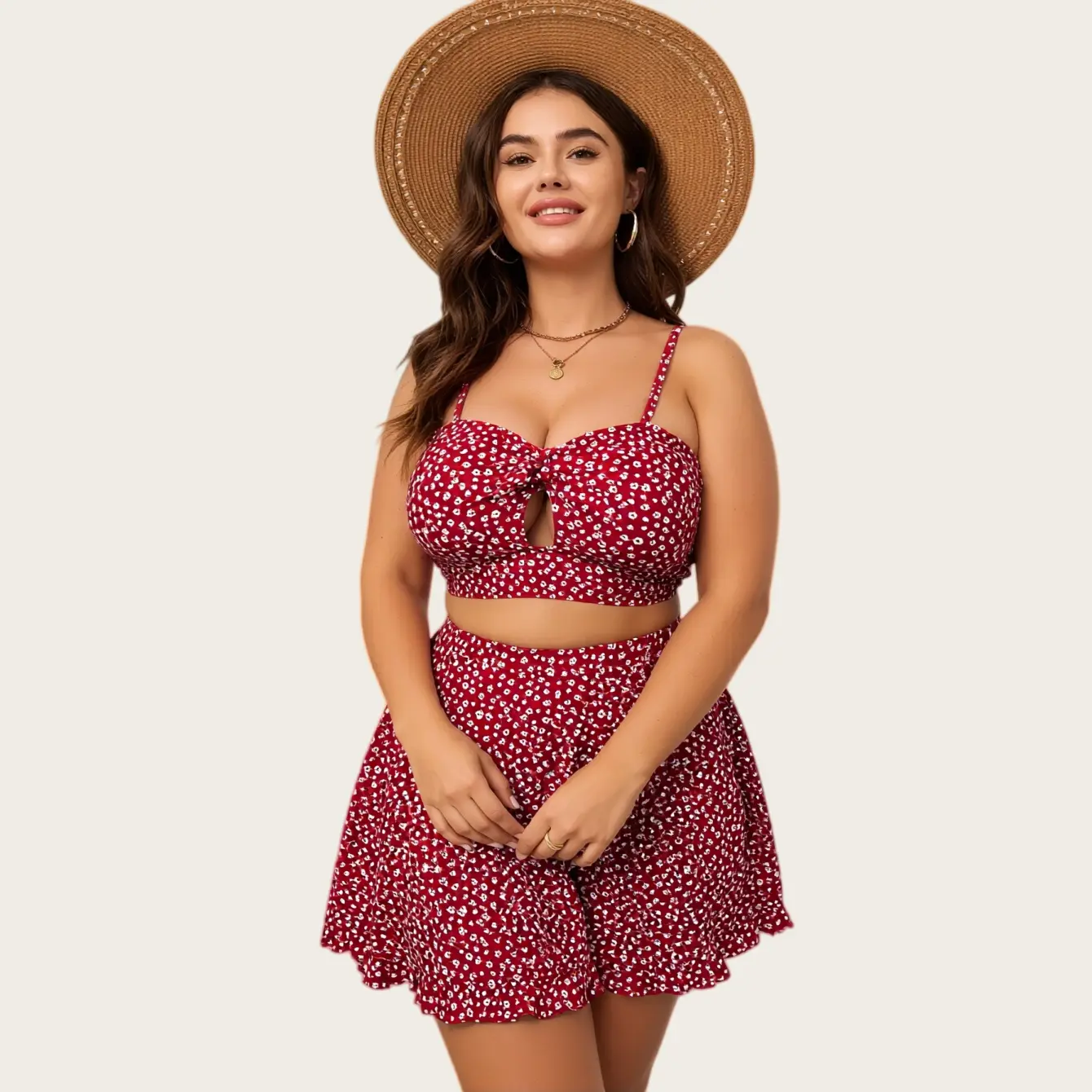 Women's Plus Size Red Floral Two-Piece Swimsuit with Skirted Bottom and Cutout Detail plus size swimwear for curvy women, beach vacation swimsuit, pool party bikini, modest swim skirt set tummy control skirt style  summer beach swimming