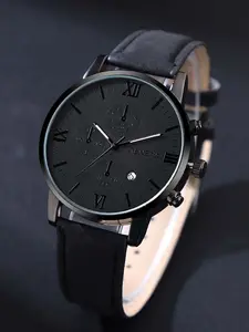 1 piece/set of fashionable, versatile, personalized, street trendy, and business style men's black PU bracelet, calendar quartz watch, the best gift for your boyfriend