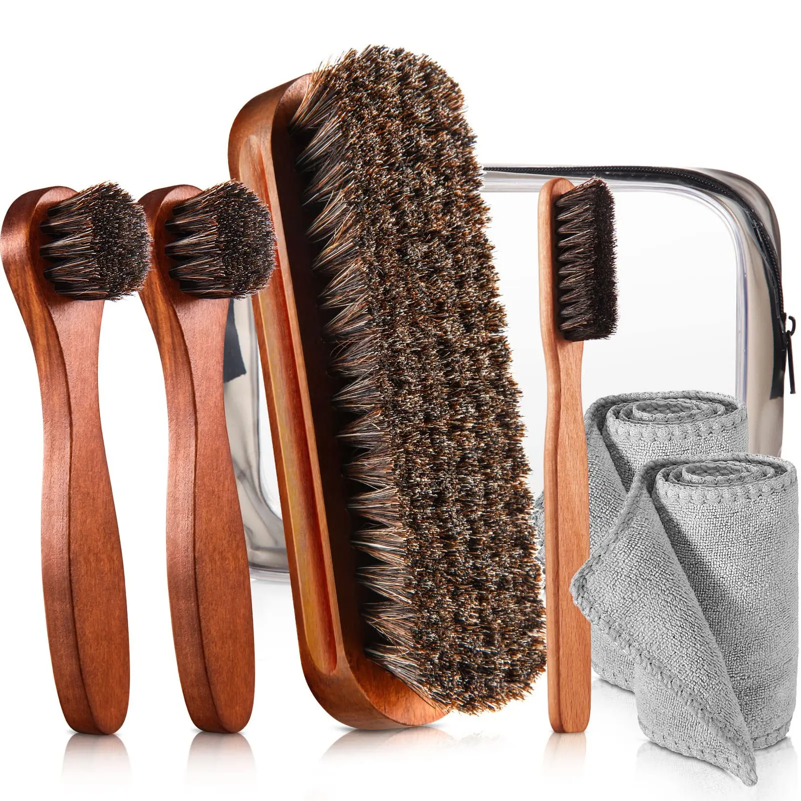 7 Pcs Horsehair Shoe Shine Brush Kit – Premium Leather Care Set with Dauber Applicators, Polishing Brushes & Microfiber Cleaning Cloth for Shoes, Boots & Suede
