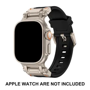 A Set of Mecha-Style Watch Band suitable for Apple Watch Silicone strap with Titanium-colored Stainless steel connector outdoor sports Compatible with Apple Watch Ultra 2/1 (49mm) Series 9/8/7 (45mm), S6/5/4/SE (44mm), S3/2/1 (42mm)  Accessories Metal
