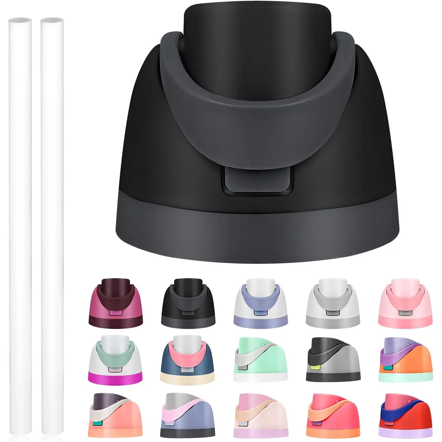 A black Replacement Lid Compatible with 16oz 24oz 32oz 40oz Cups – One Button Leakproof BPA-Free Top with Straws