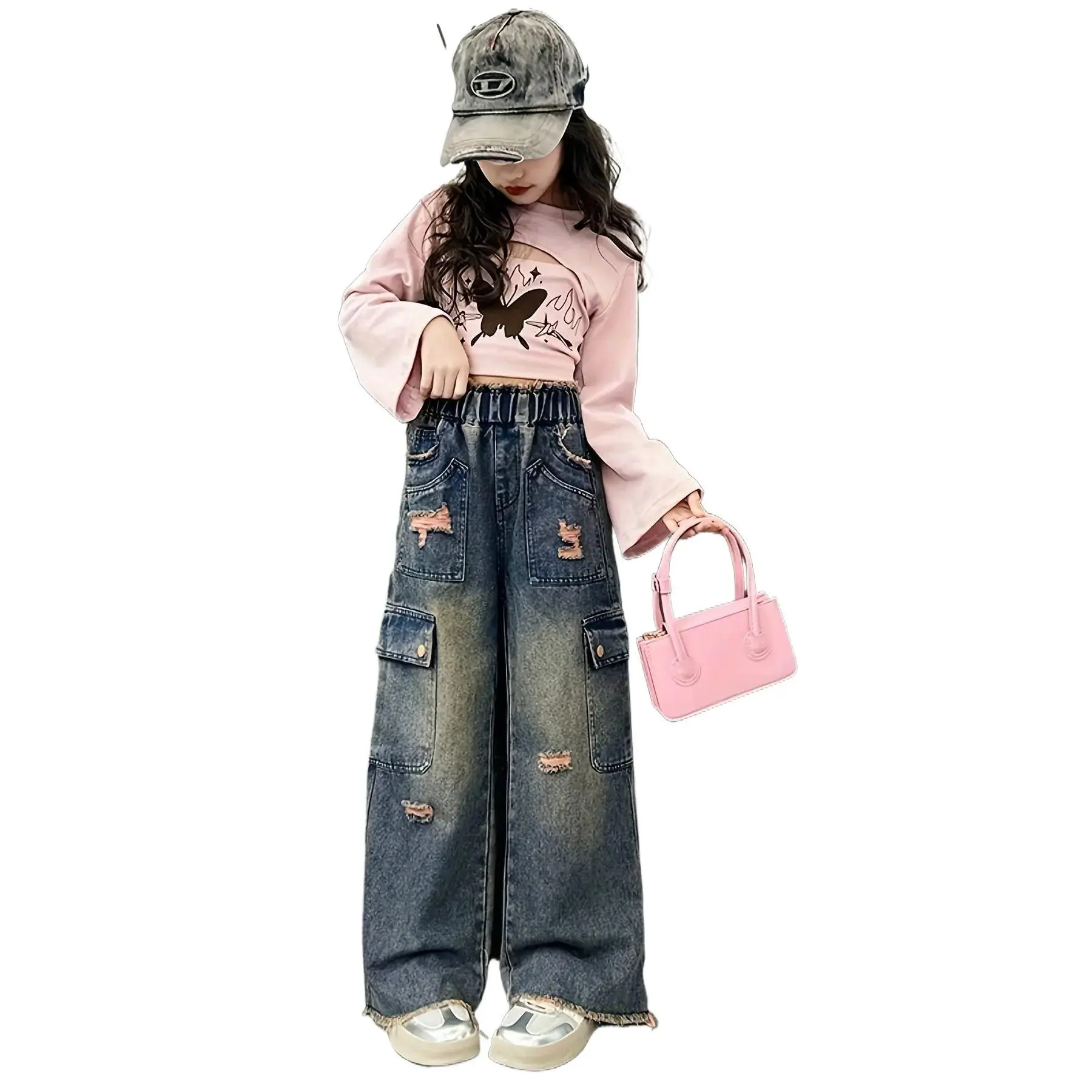 Girls' Loose Fit Jeans - 80% Cotton 20% Polyester Vintage Patch Full Length Washed-Look Wide-Leg, Slight Loose-Fitting Machine Washable Streetwear Trousers, Fall Basic Must-Have Kids' Bottoms (5-6y,7-8y,9-10y,11-12y,13-14y)