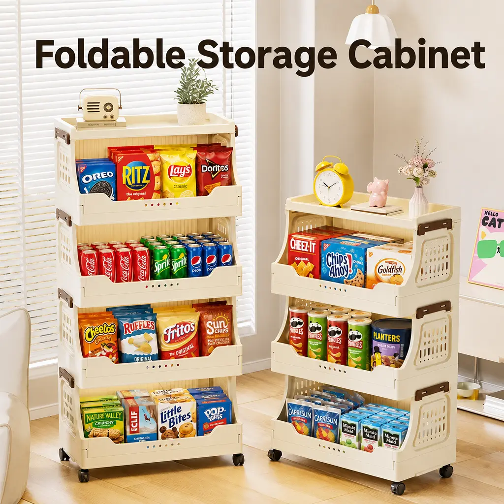 3/4 Tier Stackable Rolling Storage Cart with Wheels, Freely Foldable Combinable Storage Shelf, Multi-Scene Multi-Purpose Plastic Organizer Rack, Mobile Storage Trolley for Kitchen Pantry, Snacks, Fruits Vegetables, Bedroom & Bathroom
