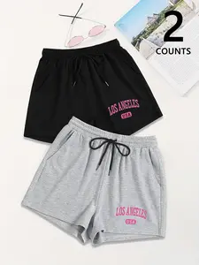 Women's Y2K Style Letter Print 2-Pack Casual Summer Shorts, Soft & Comfy Loungewear Shorts, Adjustable Drawstring Waist Design, Perfect For Daily Wear And Workout