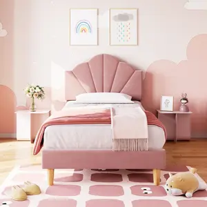 Gaomon Twin Size Velvet Upholstered Platform Bed Frame, Height-Adjustable Headboard, Stable Metal Frame with Wood Slat Support, Easy-to-Assemble, Pink (Suitable for Kids), Upholstered Platform Bedframe