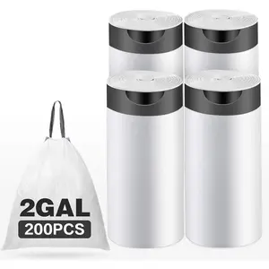 2 Gallon Drawstring Trash Bags, Strong Small Kitchen Garbage Bags for Bathroom Bedroom Office, 200 Counts White
