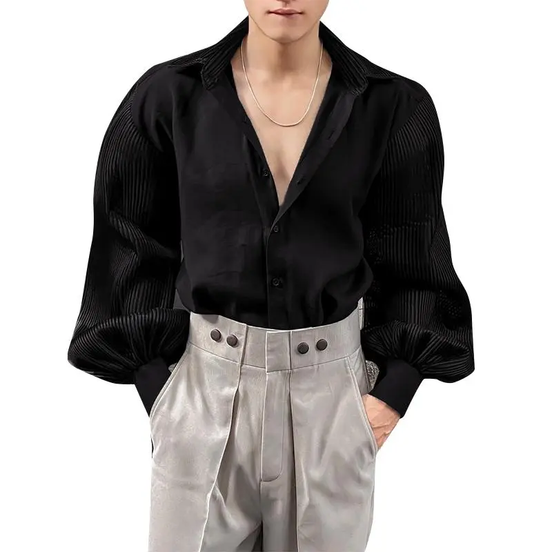 INCERUN Men's Avant-Garde Fashion Long-Sleeve Shirt, Dark Aesthetic Dark Academia Style with Dramatic Pleated Bubble Sleeves, Party Attire for Creative Events, Menswear Tops