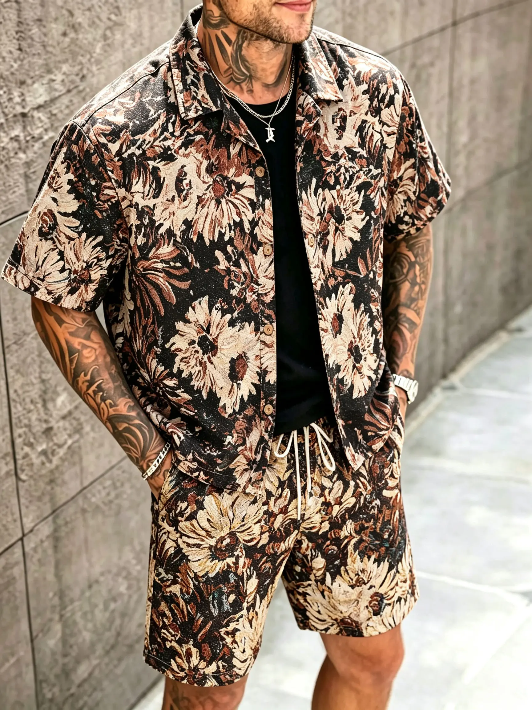 Mens Tropical Floral Outfit Set – Casual Summer Clothing with Matching Shirt & Shorts for Beach Vacation – Stylish & Comfortable Menswear