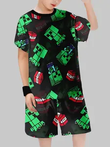 Boys' Pixel Style Short Sleeve Shorts Set, Cartoon Print Homewear Two-Piece, Casual Loose Fit, Natural Waist, All over Print