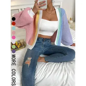 Women's Patchwork Print Drop Shoulder Open Front Cardigan, Casual Long Sleeve Knitwear for Spring & Fall, Fashion Women's Knit Clothing for Daily Wear（gift）