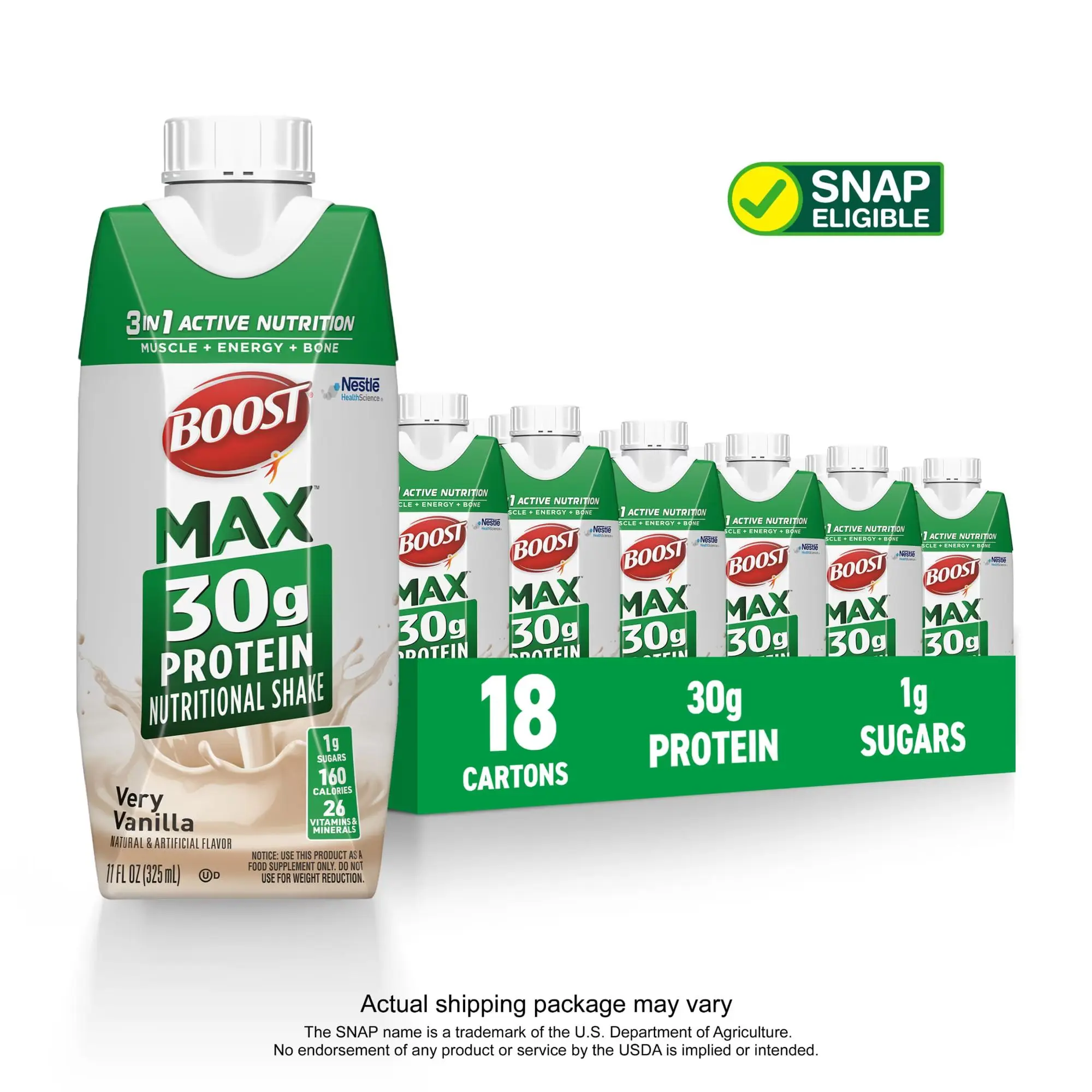 BOOST Max Protein Nutritional Shake, Rich Chocolate, 30g Protein, 18 - 11 fl oz (325 mL) Cartons