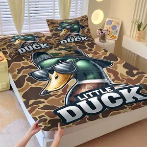 3 pieces Cartoon Duck Hunter Green Camouflage Hunting Fitted Sheet Set, Cartoon Printed Bedding, Kids Black Brown Comfortable for Boys Teens Camo Army Bedding Set Breathable Wild Room Decor Durable Sheets