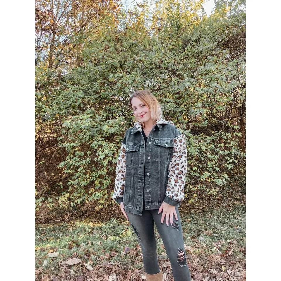 Animal Print Faux Fur Denim Jacket