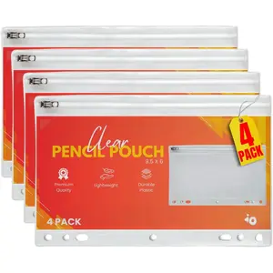 Clear Pencil Pouch For 3 Ring Binder, Ring Binder Pockets with Zipper, Vinyl, 4 Pack