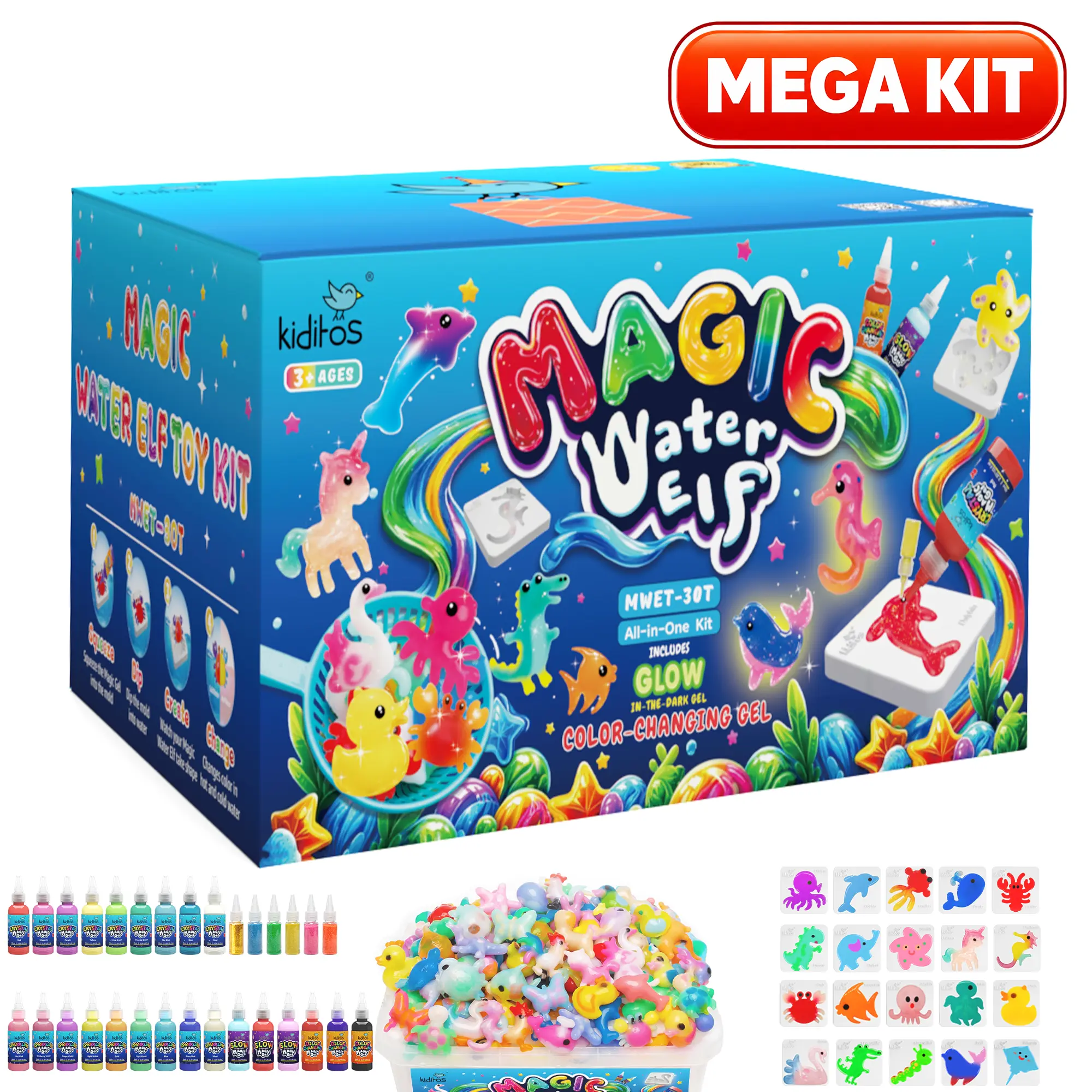 Kiditos Magic Water Elf Mega Craft Kit, Sea Creatures Glitter Deluxe, 24 Aqua Gels, 6 Glitter Powders & 20 Molds, DIY Toy Ages 3+
