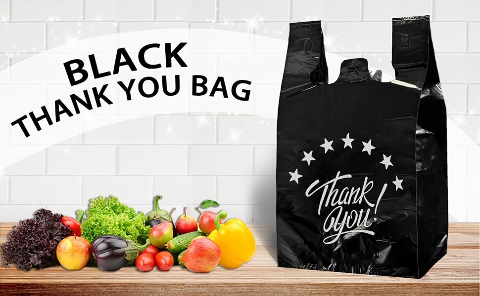 100 PCS Black Thank You T Shirt Bags, 11x6x21 Inch Grocery Shopping Bags, Reusable Disposable Plastic Supermarket Bags, Carry Out Retail Takeout Bags