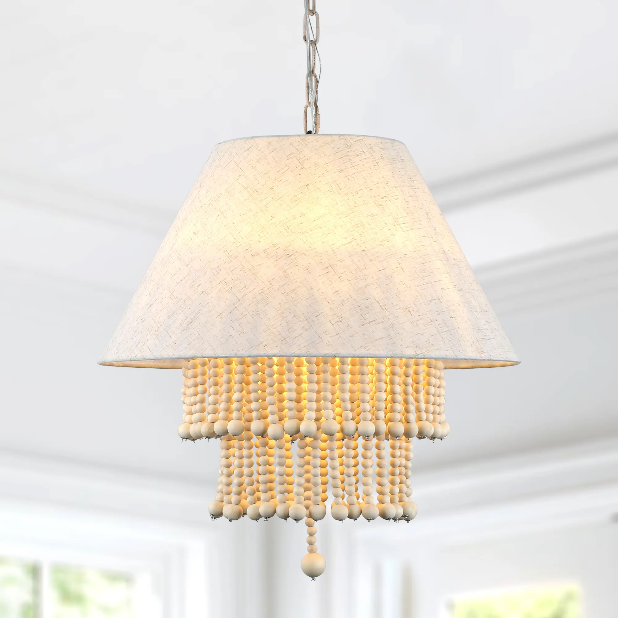 3 Lights 21.7" Bohemian Wood Bead Chandelier with Adjustable Chain, Simple Style Pendant Lights for Home Decoration