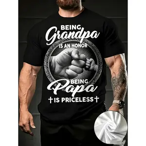 Men's Retro Crew Neck T-Shirt- Father's Day Gift Idea- "Being a Grandpa Is an Honor, Being a Dad Is Priceless" Slogan- Black Background with White Letters- Regular Fit Plus Size Tall Style- Machine Washable Birthday Anniversary Shirt- Family Pr
