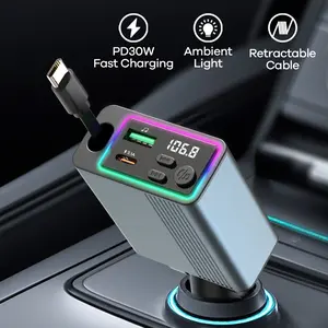 Bluetooth-compatible Retractable Car Charger with RGB Lights and 29 Inch Extensible Cable, Supports PD 30w Fast Charging, Bluetooth-compatible 5.3, Type-C Interface