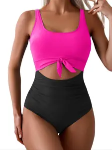 Women's Solid Color Patchwork One-Piece Swimsuit, Tropical Style for Summer Beach Vacation, Cute Fashion Swimwear, Colorblock Hollow Swimsuit