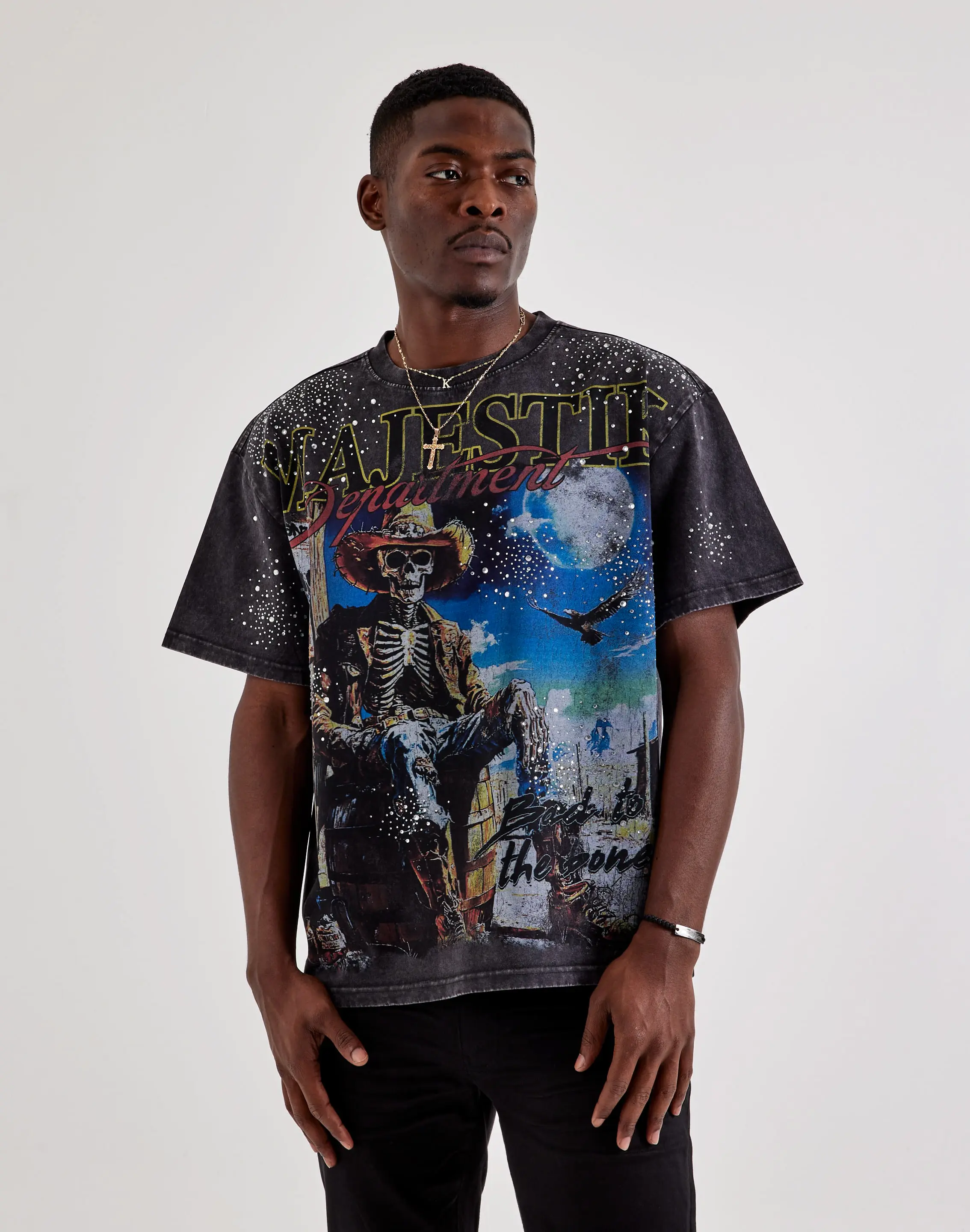 Mens Majestik Bad To The Bone Rhinestone T-Shirt