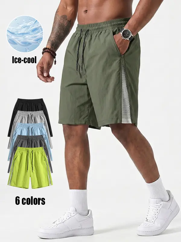 Men’s Solid-Color Nylon Ice Silk Fitness Shorts, Running Training Shorts, Breezy Quick-Drying Breathable Sportswear with Side Mesh & Zipper (Multiple Color Options), Breezy Men's Shorts