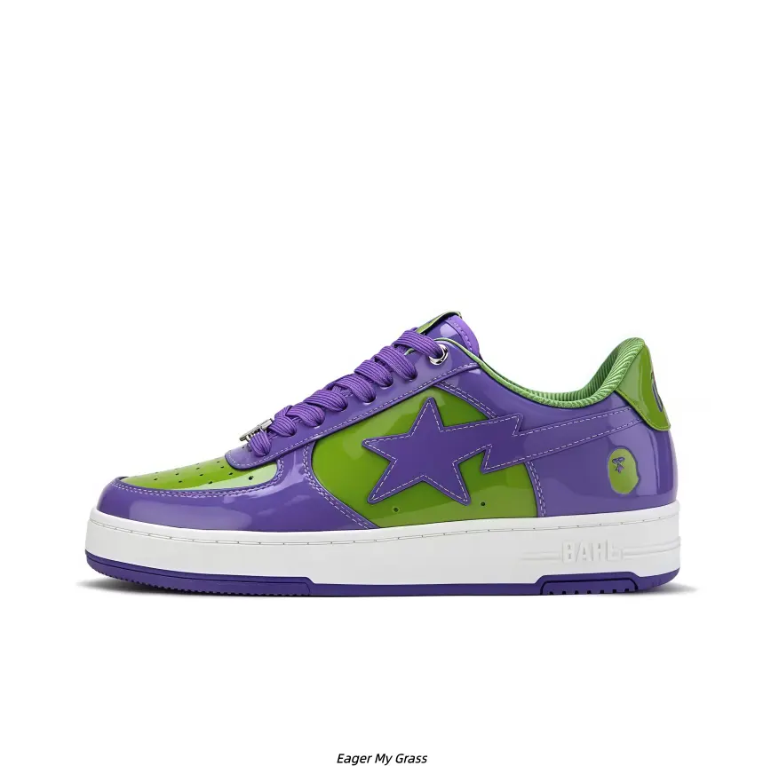 Purple Green Gloss PU Color Block Casual Skate Sneakers for Men Women, White Layer Flat Cushion Sole Shock Absorb Non-Slip Rubber Daily Walking Board Shoes