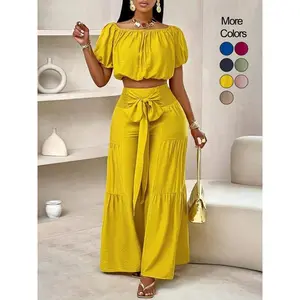 Women’s solid-color off-shoulder top and wide-leg pants set, summer casual off-shoulder top and pants, beach vacation women’s clothing, women’s clothing GARMENTARY
