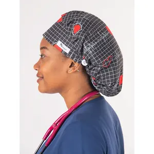 Black EKG Bouffant Scrub Cap with Satin Lined