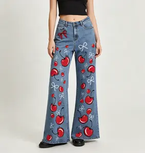 Women's Light Wash High-Waist All-Over Red Cherry & Tiny Ribbon Bow Print Relaxed Bootcut Wide-Leg Jeans - Comfortable Below-the-Ankle All-Seasons Casual Denim Pants for Sweet Coquette Style